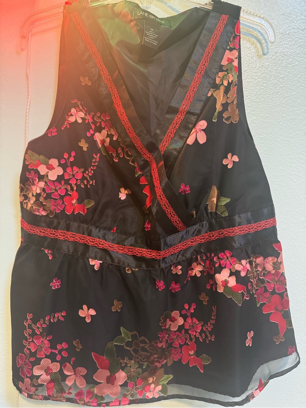 Lane Bryant Black Floral Wrap Tank with Red Trim